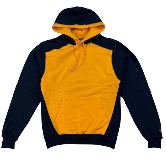 New Champion Men US S Navy Blue Orange Double Dry Eco Colorblocked Fleece Hoody - Picture 1 of 10